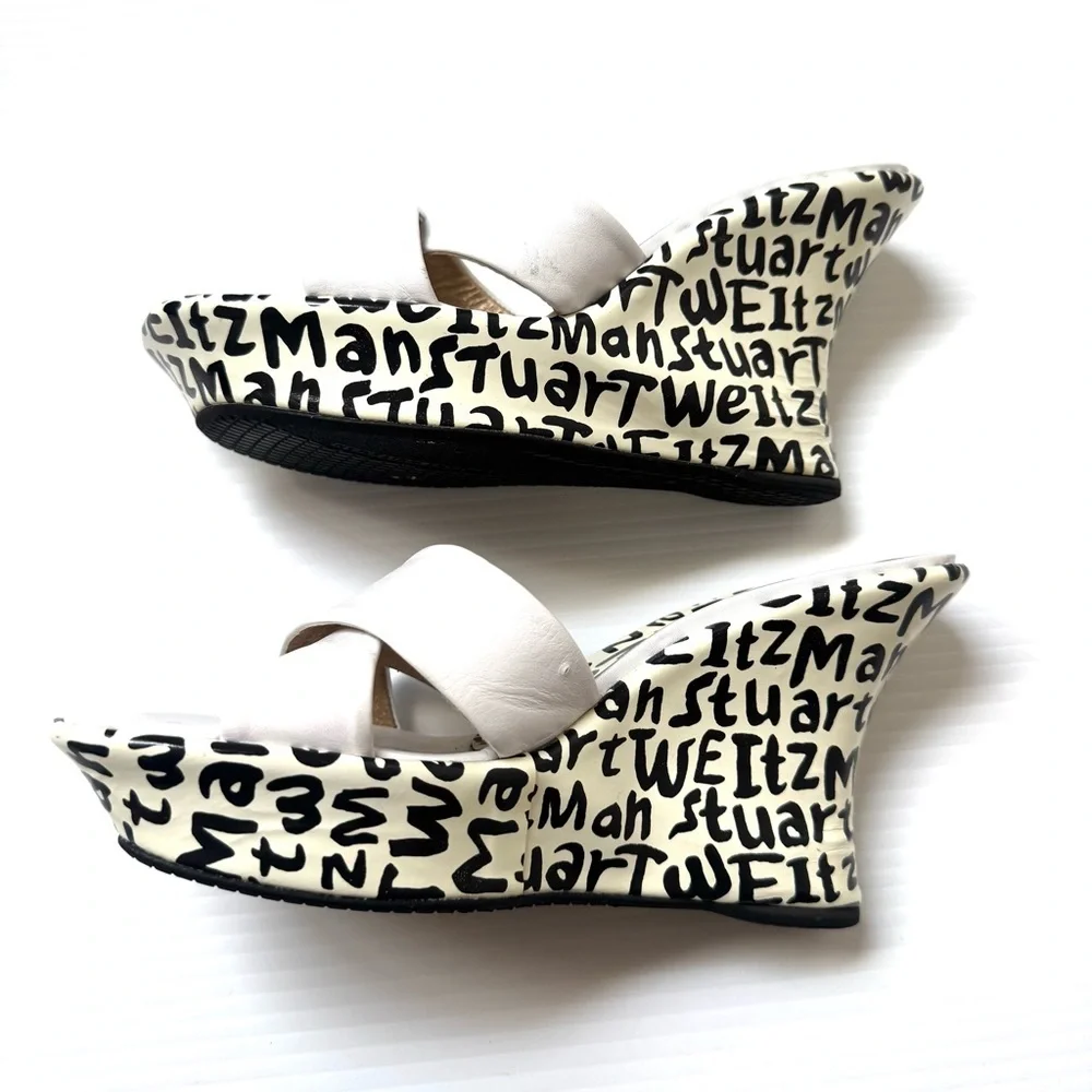 Stuart Weitzman White Leather Graphic Print Mule Wedge Heels Size 8 - Picture 3 of 13
